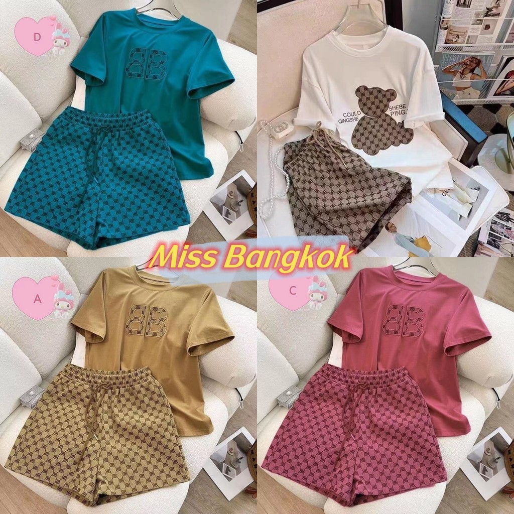 จัดส่งทันที✨ชุดเซ็ท2ชิ้น เสื้อ+กางเกงขาสั้น ลายหมี แฟชั่นชุดลำลอง ลายตัวอักษร แบบสายเกาหลีมากแม่T008