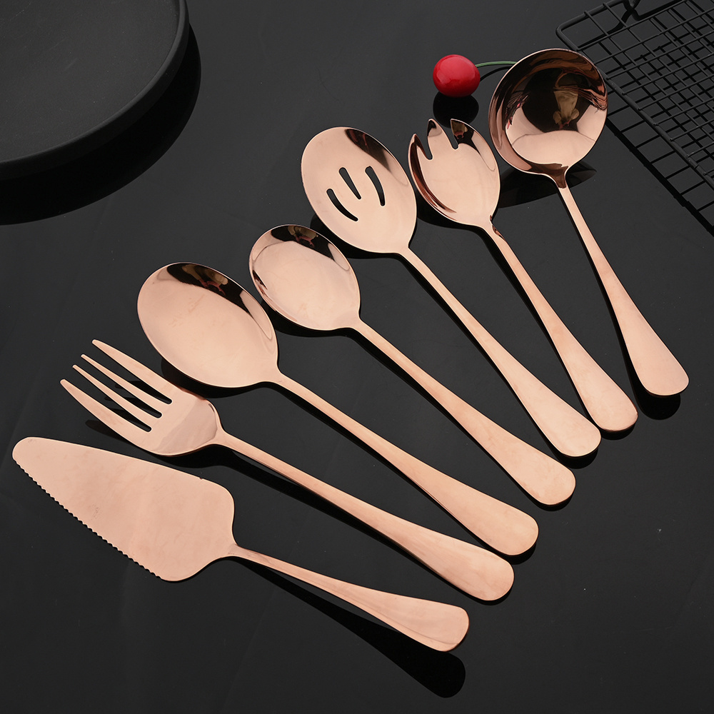 Rose Gold อาหารเย็นชุดช้อนส้อมสแตนเลสบนโต๊ะอาหารบริการส้อมช้อนเค้กพลั่วครัวอาหารค่ํา Flatware ชุด