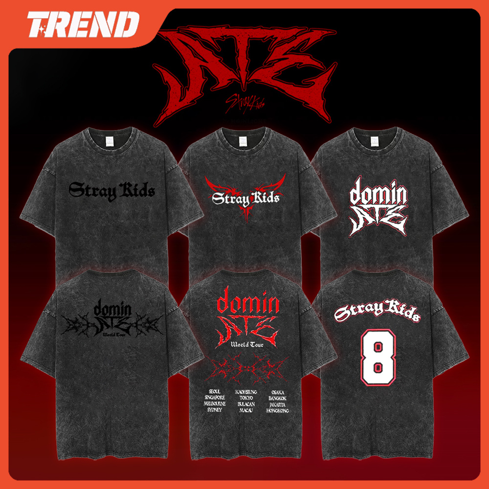 Kpop Stray Kids "dominATE" World Tour Merch ผ้าฝ้ายล้างเสื้อยืด Plus ขนาด Vintage เกาหลีแฟชั่นหลวมพิมพ์เสื้อกล้ามผู้ชายและผู้หญิงฤดูร้อน Street สไตล์เสื้อลําลอง Tee