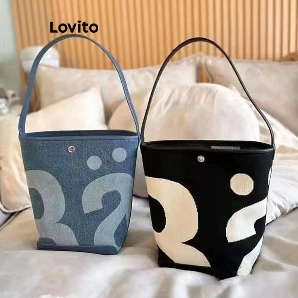 Lovito กระเป๋าทรงถัง Niche ธรรมดาสบาย ๆ ความจุขนาดใหญ่พิมพ์ตัวอักษรกระเป๋าสะพายขนาดเล็กสำหรับผู้หญิง LFA51655