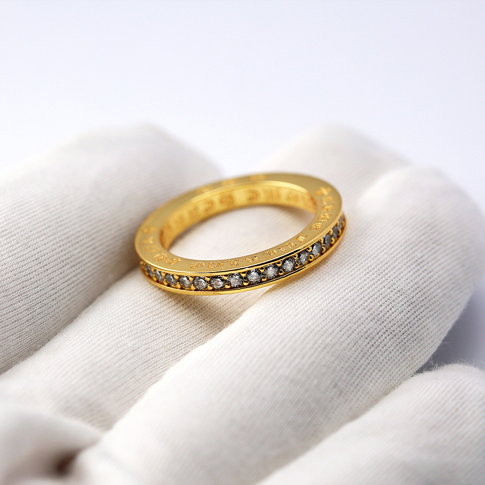 CH 24K Gold Plated Full Diamond 3MM แหวน, Retro Punk Gothic Rock อุปกรณ์เสริม, Street Hip-Hop เครื่องประดับ 4384