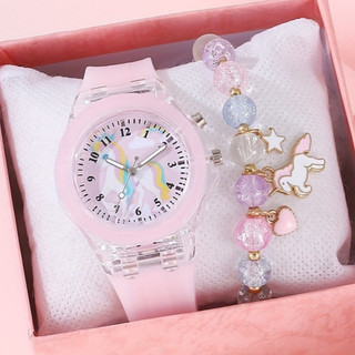 3PCS Jam Tangan Anak Kuarsa Lucu Unicorn LED Dial Tali Silikon Gelang Jam Tangan Gratis (Dengan Kotak Hadiah)