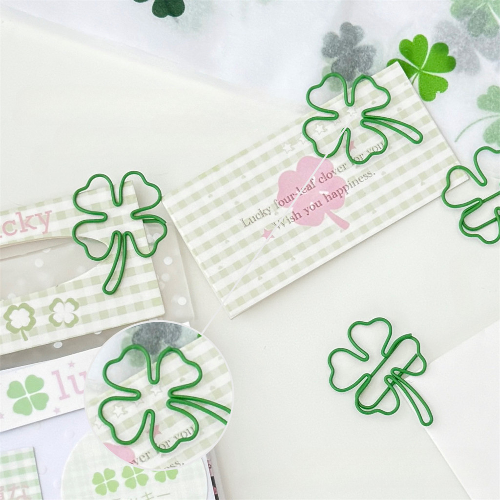 10 ชิ้น Ins Lucky Four-leaf Clover คลิปหนีบกระดาษโลหะคลิปบรรจุวัสดุ