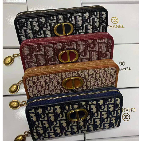 แฟชั่น Dior zipper กระเป๋าสตางค์ หนังคุณภาพสูง แพ็คการ์ดพับคู่ ผู้หญิงสุดหรูกระเป๋าถือ