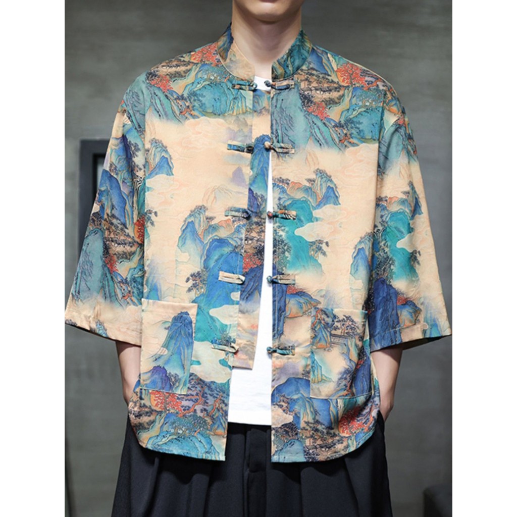 ผู้ชายฤดูร้อนสไตล์จีนเสื้อลําลองแขนสั้นด้านบนสไตล์จีนปุ่มแผ่นดิสก์ ฮันฟู หลวมขนาดใหญ่พิมพ์เสื้อ 10.16