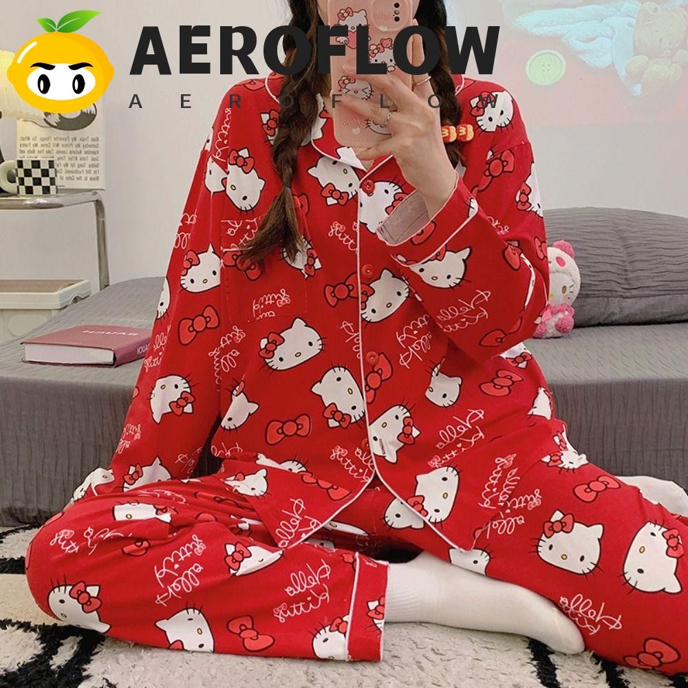 Aeroflow ชุดนอนคิตตี้ แขนยาวสบาย Kitty กางเกงชุดนอน, ชุดนอนสูท Y2K Casual Leisure Kitty ชุดนอนชุดฤดูใบไม้ร่วง