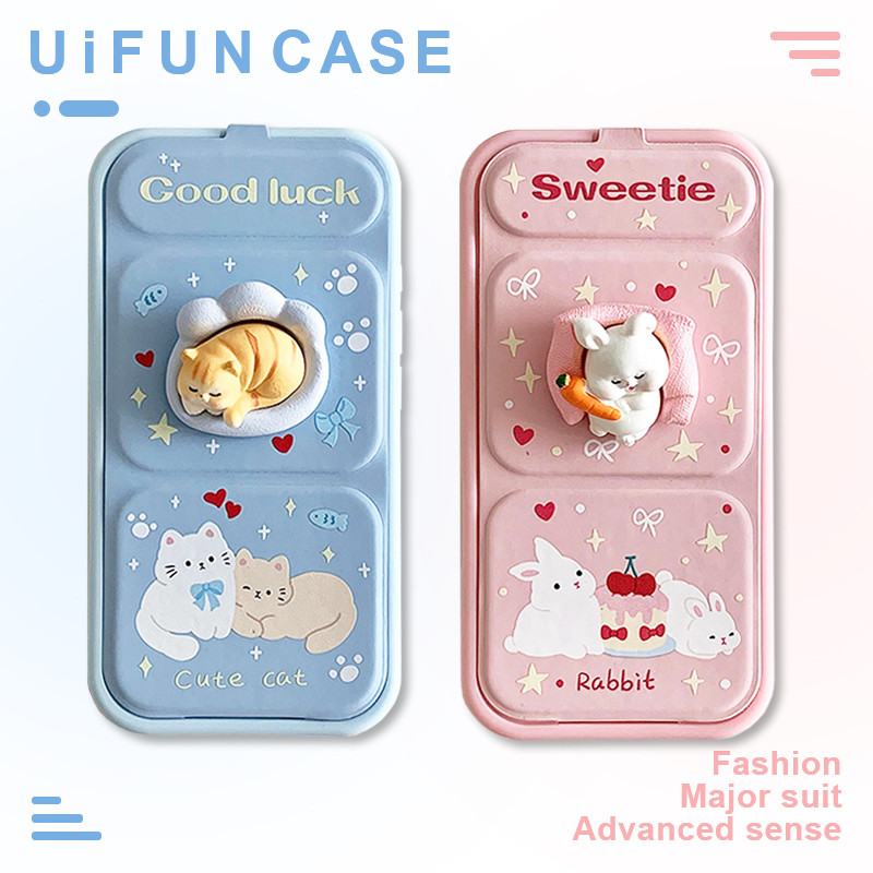 Kawaii 3D Bowknot Cat เค้กแครอทกระต่ายพับขาตั้งเคสโทรศัพท์สําหรับ iPhone 16 15 14 13 12 Pro Max 11 Drop ทน TPU ปกหลัง Shell