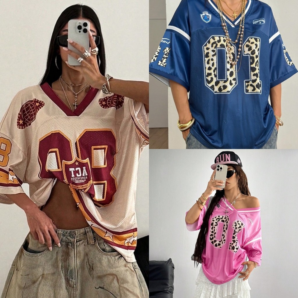 American Hip-Hop Blockcore Jersey Tops No.01 & No.24 สไตล์เกาหลี แฟชันเสื้อยืดโอเว่อร์ไซส์สำหรับสาวๆ ฤดูร้อน