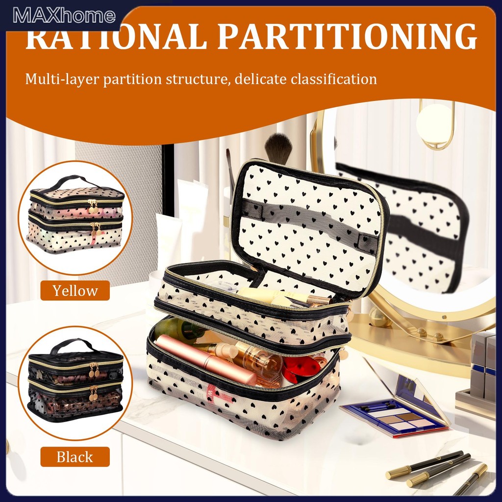 กระเป๋าเครื่องสําอางกระเป๋าแต่งหน้าแบบพกพาสองชั้นความจุขนาดใหญ่สําหรับการเดินทางเพื่อบ้านธุรกิจ ร้าน