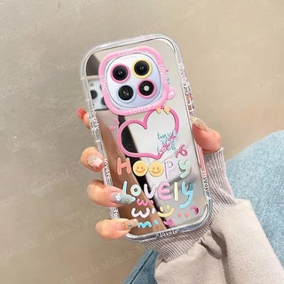 เคสสำหรับ Redmi Note 15 5G เคส Redmi Note 15 14 Pro 5G เคส Redmi Note 15 14 Pro Plus สีชมพู ลายหน้ายิ้มน่ารัก เคสโทรศัพท์มือถือแบบมีกระจกแต่งหน้า กันกระแทก นุ่มนิ่ม
