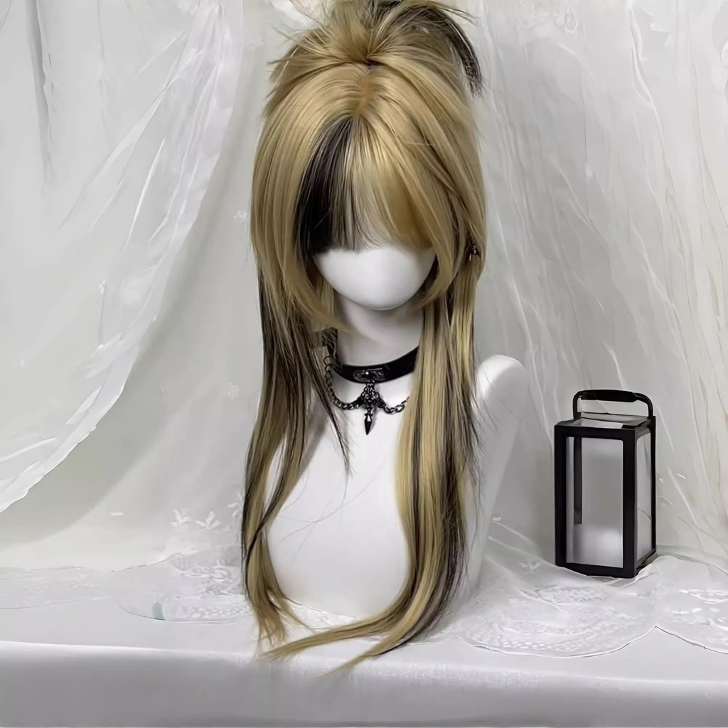 Ju Jingyi Style Asian Black Gold Highlight Bangs Medium Long Wig for Halloween Cosplay Full Headgear