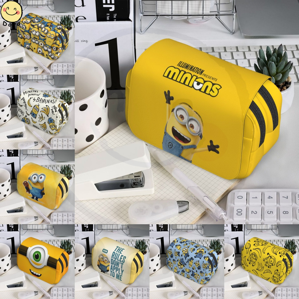 Minions Double Clamshell ปากกากล่องดินสอขนาดใหญ่ความจุสูงผู้ถือกล่องกระเป๋าเก็บโต๊ะ Organizer