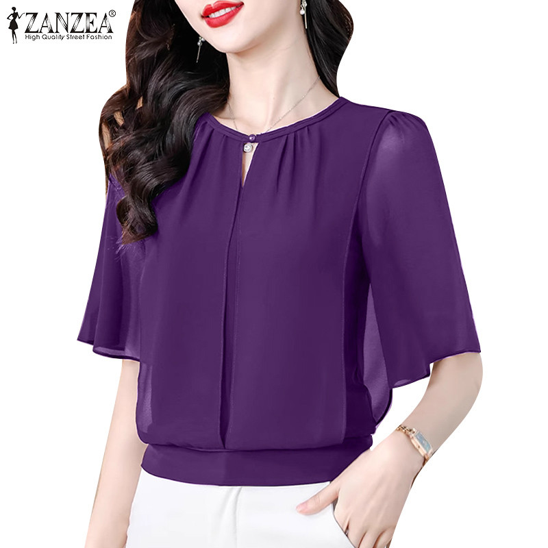 ZANZEA สไตล์เกาหลีสำหรับทำงาน เสื้อรัดรูปแขนเปิดช่วงหน้าอกแบบริบบอน ทำจากชีฟองบางเบา