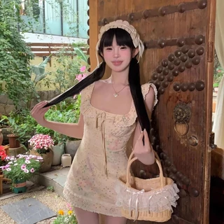 Chili Koko ชุดเดรสสายเดี่ยวสำหรับผู้หญิงช่วงฤดูร้อน คอเหลี่ยม เย็บระบาย ทรงเอ สั้น สำหรับผู้หญิง 99110