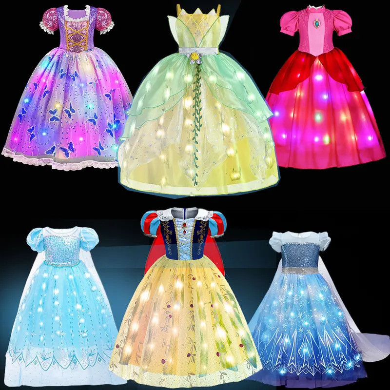 Light up Snow White ชุดสําหรับสาวน้อย 2-10 Yrs วันเกิด Elsa เครื่องแต่งกายเจ้าหญิง Ball Gown LED 202