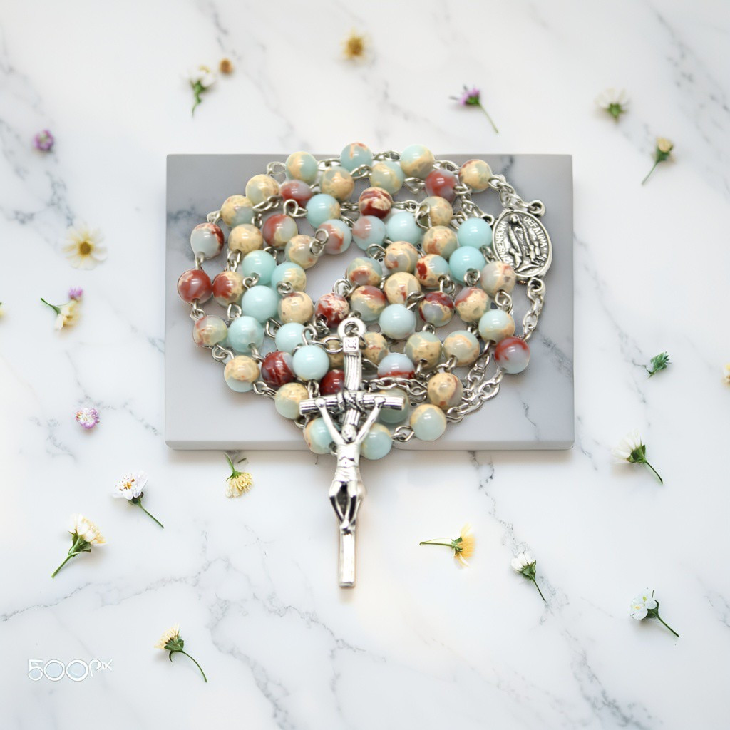 CATHOLIC ROSARY ( ONYX-MIX STONE) / CATHOLIC ROSARY NECKLACE / NATURAL STONE ROSARY / COUNTER
