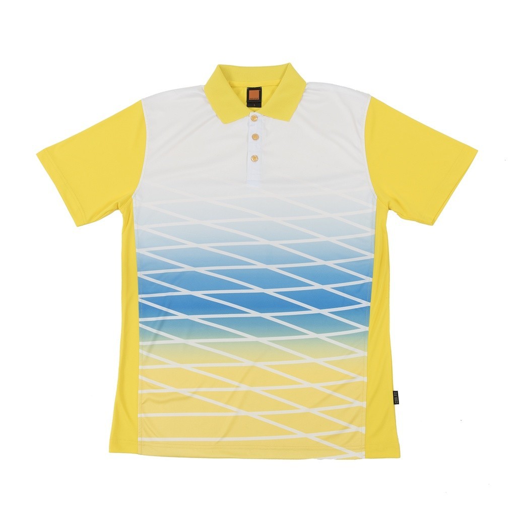 เสื้อยืดคอเต่าแบบซับลิเมชัน วัสดุไมโครไฟเบอร์แห้งเร็ว สีแดงราชย์เหลือง (NTMY OREN SPORT) - เพิ่มโลโก