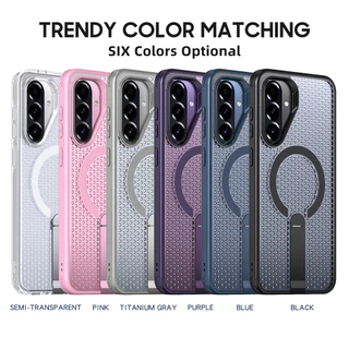 SAMSUNG เคสโทรศัพท์ตาข่ายกลวงสําหรับSamsung A56 A57 A17 A16 A36 A37 A26 A07 A06 A55 A35 A25 A15 A14 A05 A05S M56 F56 การกระจายความร้อนฝาครอบป้องกันแม่เหล็กวงเล็บโลหะAnti drop shell