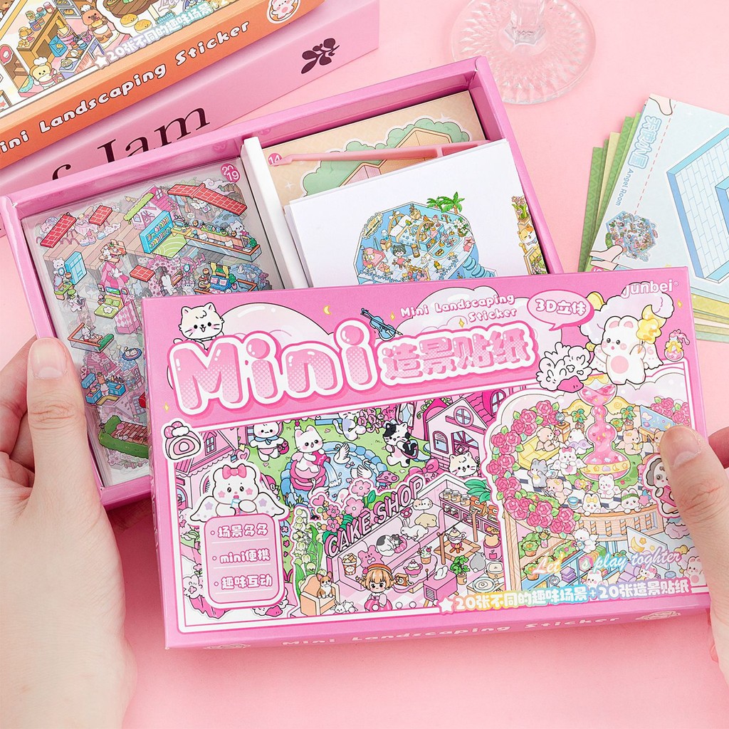Junbei mini Small Boxed Miniature Scene Collection Book 3d สามมิติชุดสติกเกอร์ภูมิทัศน์กล่องของขวัญสติกเกอร์บีบอัด