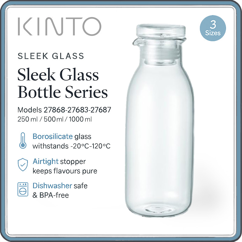 KINTO Sleek Glass Reusable Borosilicate Bottles with Airtight Stopper – Leak‑Proof, Dishwasher‑Safe, 250 ml / 500 ml / 1 L Sizes