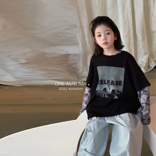 สาวฤดูร้อนผ้าฝ้ายแท้แขนสั้นเสื้อยืด 2026 ฤดูร้อนสไตล์ใหม่สาวเกาหลีรุ่นพิมพ์ขนาดกลางขนาดใหญ่เด็กหลวมด้านบน