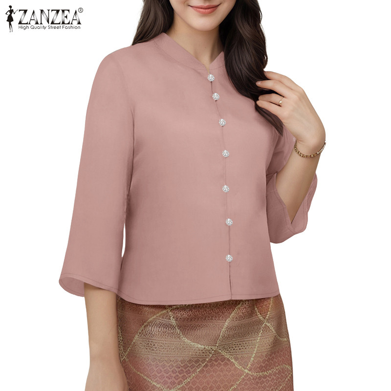 ZANZEA เสื้อเบลาส์สไตล์เกาหลี คอตั้ง 3/4 สำหรับผู้หญิง