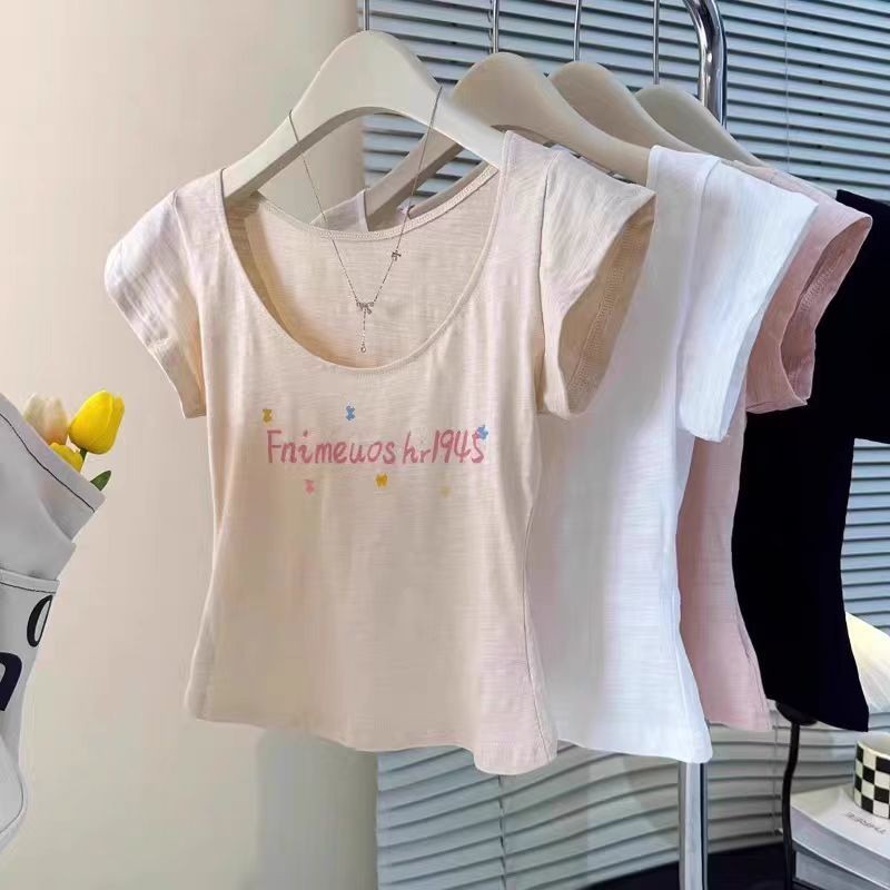 เสื้อยืดผ้าฝ้ายลายพิมพ์แบบ Slub สไตล์เกาหลี สำหรับฤดูร้อน ไหล่โถ่ง แขนสั้น U-neck ทรงเพรียว - รูปที่ 2