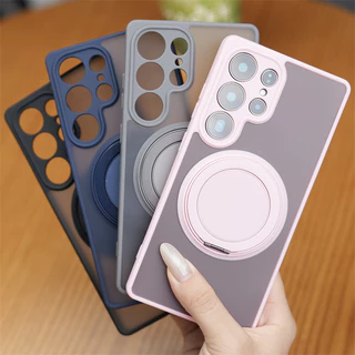 SAMSUNG หรูหรา 360° Rotatabl ขาตั้งโลหะเคสโทรศัพท์แม่เหล็กสําหรับSamsung Galaxy S25 S24 S23 Ultra Plus FE S25Edge Frosted Hard PCปกหลังTPU Soft Edgeปลอกกันกระแทก