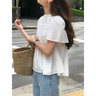 Chili Koko เสื้อเชิ้ต สไตล์เกาหลี ชิคๆ คอตั้ง ดีไซน์จีบ ทรงหลวม สไตล์ลูกพลับ คอกลม แขนสั้น เสื้อเบลาส์ W628
