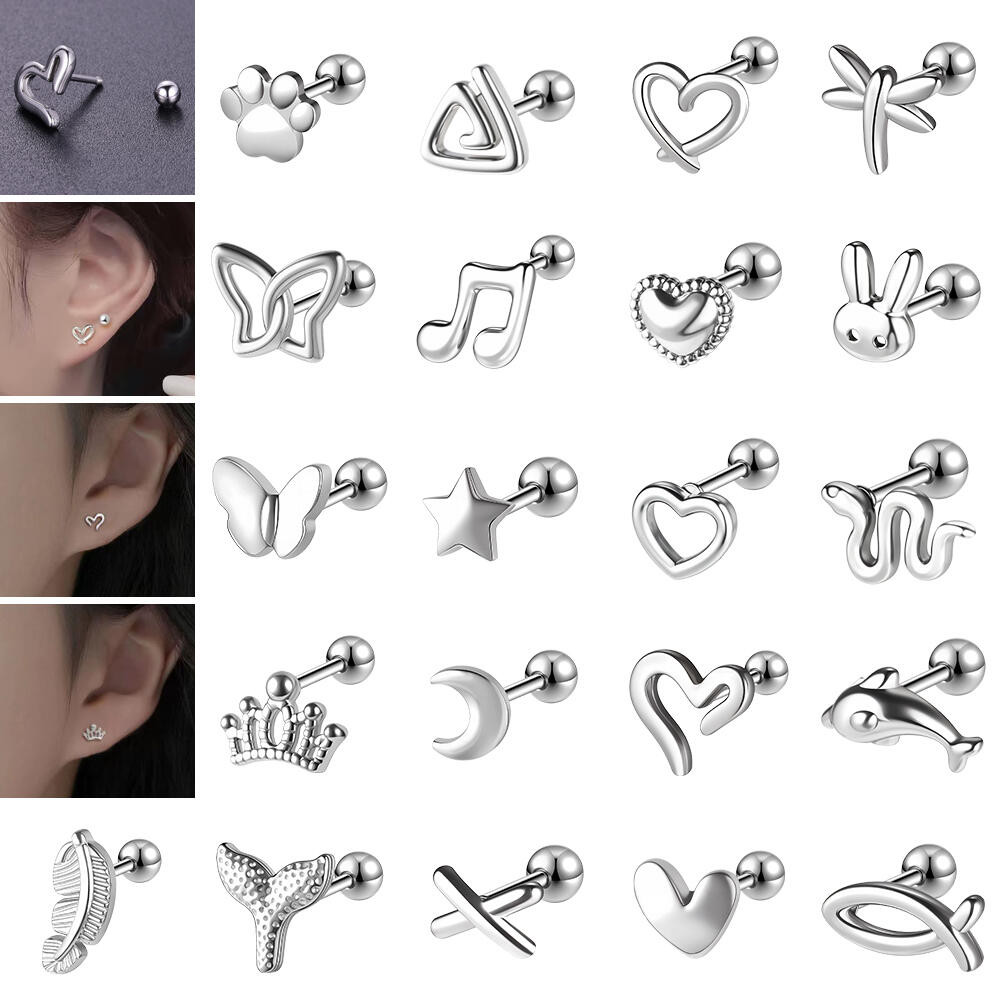 ต่างหูสแตนเลสสตีล ขนาด 6 มม. แบบหัวใจ, Star, และ Moon ในสไตล์ Nostril, Labret, Helix, และ Conch สำหรับการเจาะทุกรูปแบบ