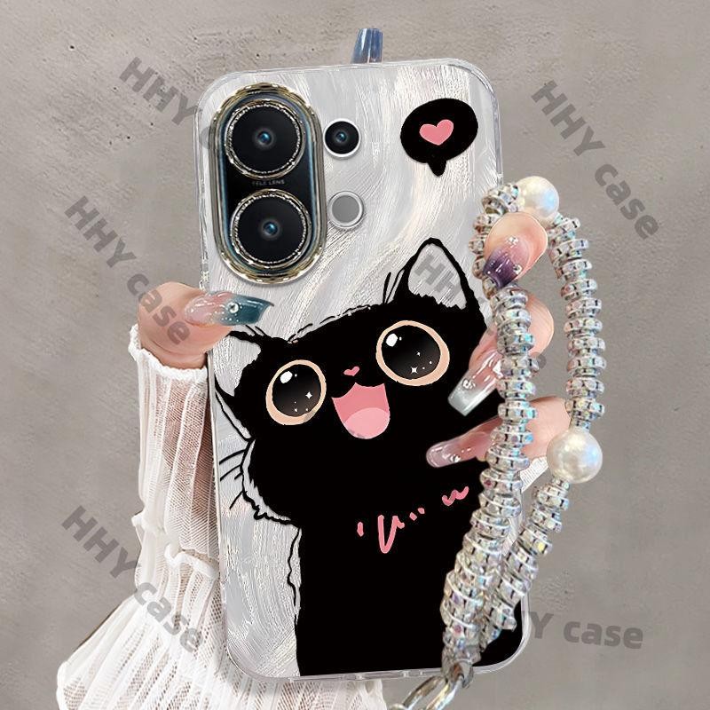 เคส Vivo X200 FE เคส กรณีกันกระแทกกรณีที่เรียบง่ายลูกอมสีแมวดําเคลือบฮาร์ดหรูหราชุบปุ่มฝาครอบโทรศัพท์ เฮ้ กรณี