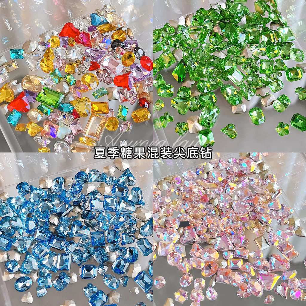 30 ชิ้นสี Candy โซดาแต่งเล็บเพชรสามมิติผสมสีโปร่งใสด้านล่างชี้ Love Heart Rock Candy เล็บรูปทรงพิเศษ