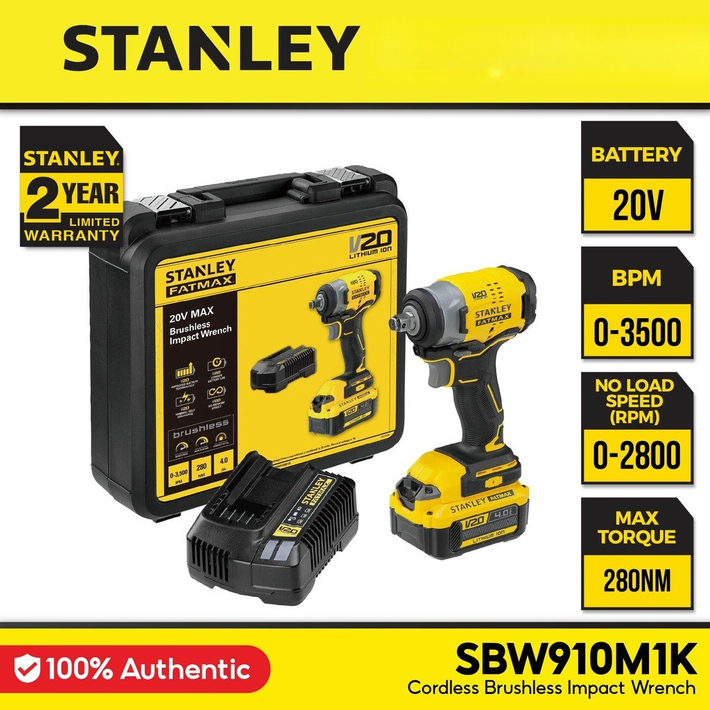 [ STANLEY ] (SBW910M1K-B1) ประแจผลกระทบไร้แปรงถ่านไร้สาย 20V พร้อมแบตเตอรี่ 1x4.0Ah และเครื่องชาร์จ 