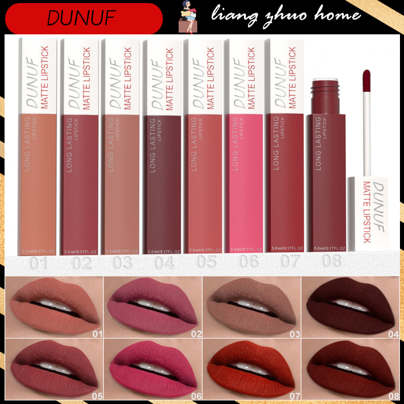 ดุนฟ 8สีเคลือบลิปกลอสกันน้ําเซ็กซี่สีแดงไม่จางหายลิปสติกของเหลวยาวนานกํามะหยี่ลิปเคลือบโลกสีน้ําตาลไม่ติดแต่งหน้า