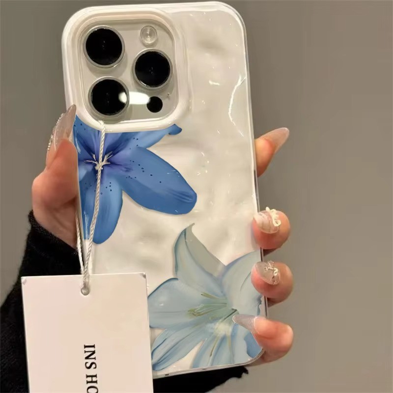 Aesthetic Elegant Blue Lily รูปแบบกรณีโทรศัพท์อ่อนสําหรับ iPhone 16 Pro Max 11 12 13 17 AIR 14 15 Plus พับเนื้อกันกระแทก