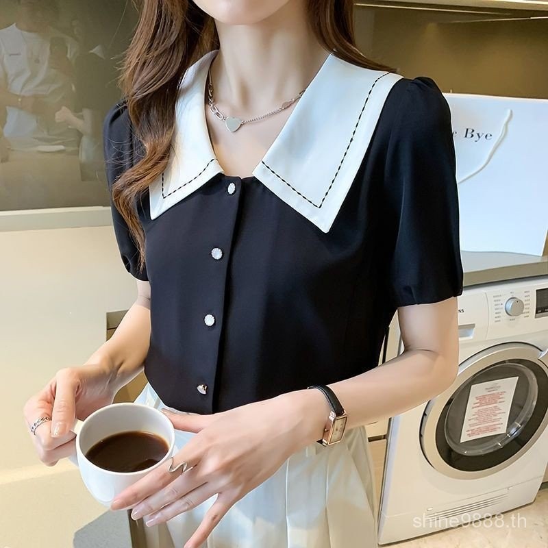 เสื้อชีฟองแขนสั้นสำหรับผู้หญิง แบบคอกลม KSL1