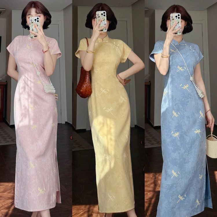 ชี่เป่า Qipao ชุดกระโปรงจีนโบราณ ลายแมลงปอ แขนสั้น ผ้าสบายฤดูร้อน หลายสีให้เลือก เหมาะใส่ไปเที่ยวถ่ายรูป
