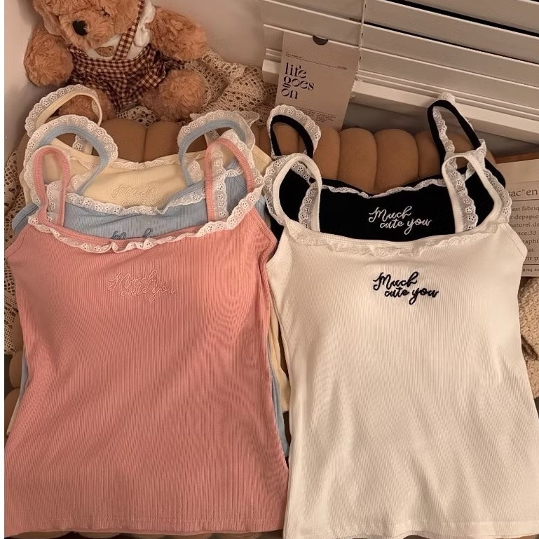 Mini shop🌸พร้อมส่ง🌸(FY1072) เสื้อสายเดี่ยว มีฟองน้ำ แต่งลูกไม้ สีพาสเทล ดีเทลปักลายตัวอักษรน่ารัก ใส่สบาย รูปที่ 6
