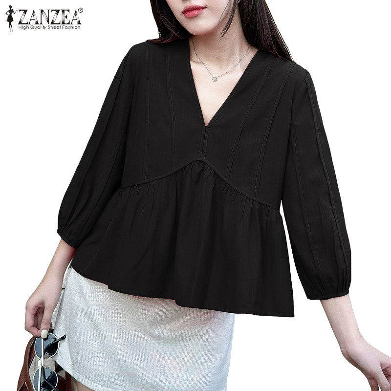 เสื้อเบลาส์สไตล์เกาหลีลำลอง V-neck 3/4 แขนระบาย A-line จาก ZANZEA