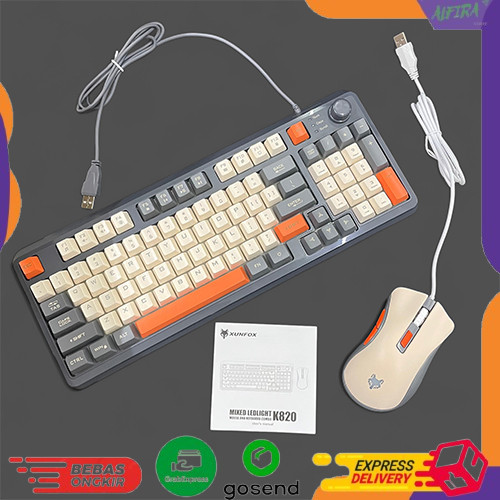 คีย์บอร์ดเกม RGB LED USB แบบมีสาย 94 คีย์ปุ่มด้านบนพร้อมเมาส์ K820 XUNFOX