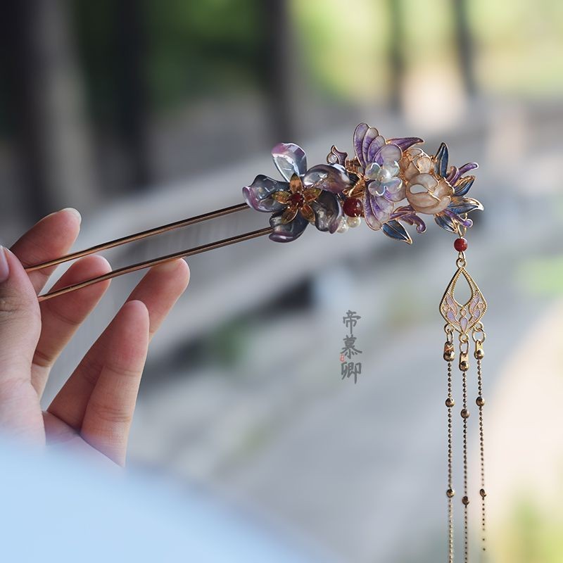 Di Muqing ต้นฉบับจีน ก้านหนีบผมแบบโบราณ สีม่วงไล่ระดับ เหมาะสำหรับเช่าแซม
