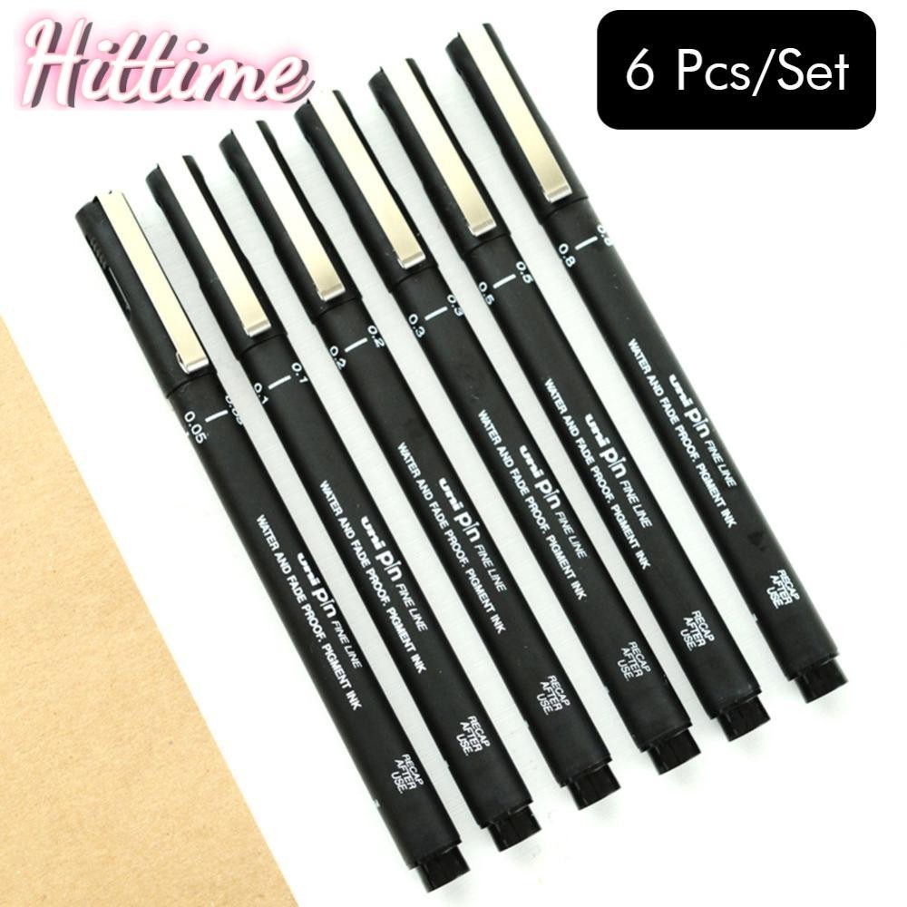 HITTIME 6PCS Uni Pin Drawing Pen Fine Line 005 01 02 03 05 08 ปากกาเข็ม B4T9