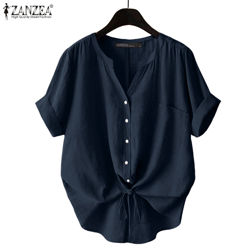 ZANZEA ผู้หญิงเกาหลีสํานักงานลําลองคอวีแขนสั้นปุ่มลงเสื้อลูกไม้ชายเสื้อ