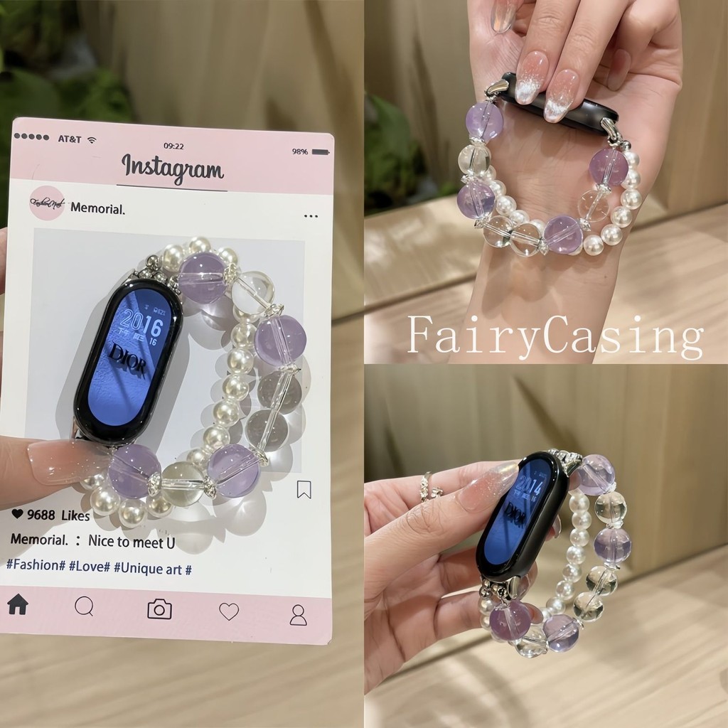 สายรัดลูกปัดมุกคริสตัลใสเหมาะสําหรับ Mi Band 10Pro 8Pro 9Pro สําหรับ Mi Band 10 9 8 7 5 6 4 3 อุปกรณ