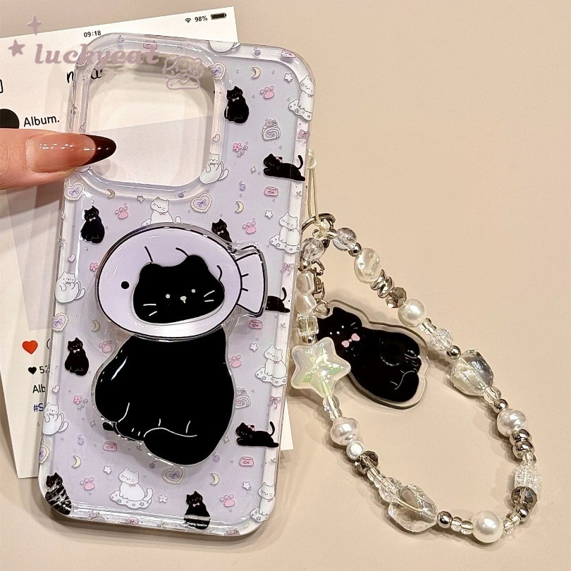 เข้ากันได้กับ iPhone 16 15 14 13 12 11 Pro Max X Xr Xs Max 7 8 Plus SE2020 เคสโทรศัพท์ Ins น่ารักสีม่วงปลาโบว์แมวดํา + ขาตั้งคู่นุ่มปกหลัง
