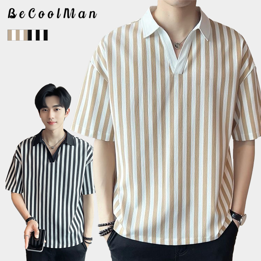 💥BecoolMan💥 แขนสั้นคอปกผู้ชาย  เสื้อโปโลลายทางขาวดำ  แบบหลวม  ลำลอง  บ้าน