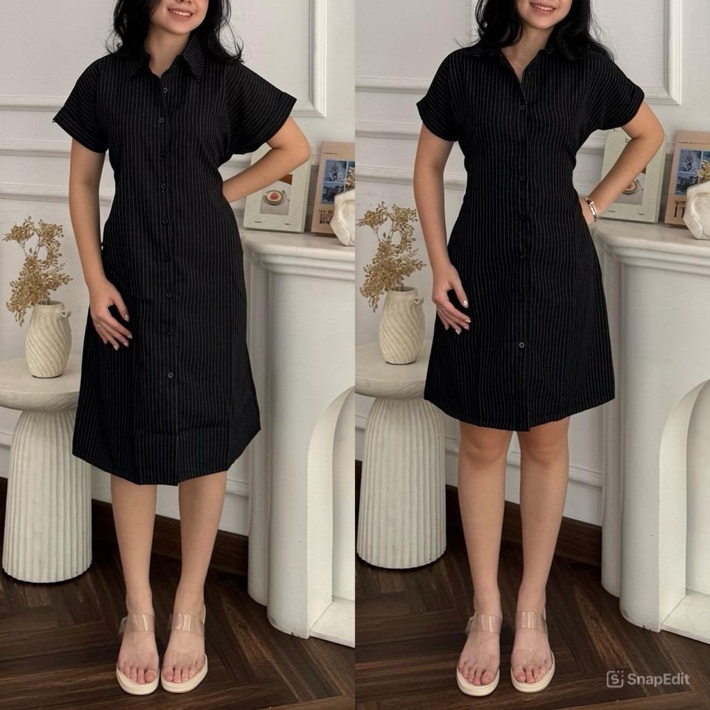 KEMEJA JPN - ZSO DRESS SAGA COLLAR SHORT SLEEVE STRIPE DAILY DAYBYDATE MINIMALIST KOREAN / เดรสเชิ้ต