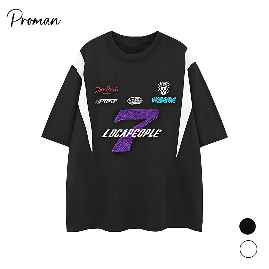 ⚡ProMan⚡แขนสั้นสีเย็บวินเทจสไตล์อเมริกัน  รุ่นเดียวกันทั้งชายและหญิง เย็บปักถักร้อย  พิมพ์ลายตัวอักษร  oversize  กีฬา