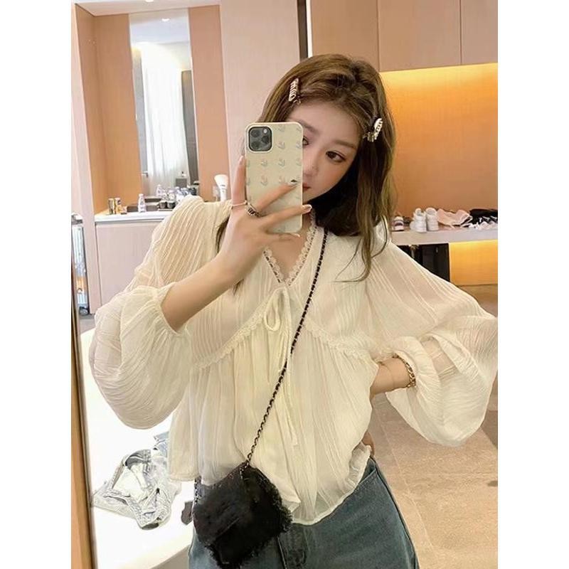 mimi&didi#เสื้อลูกไม้ชีฟอง เสื้อเชิ้ตผ้าชีฟองกันแดดคอวีสีขาวฝรั่งเศสสำหรับผู้หญิง ในช่วงฤดูร้อนบาง ๆ ระดับไฮเอนด์#99141 - รูปที่ 4