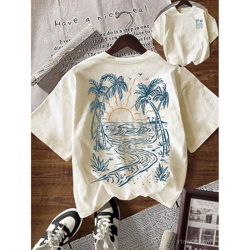 ผู้หญิง INAWLY เสื้อยืดแขนสั้นพิมพ์ตัวอักษร คอวี หลวม สบาย ฤดูร้อน